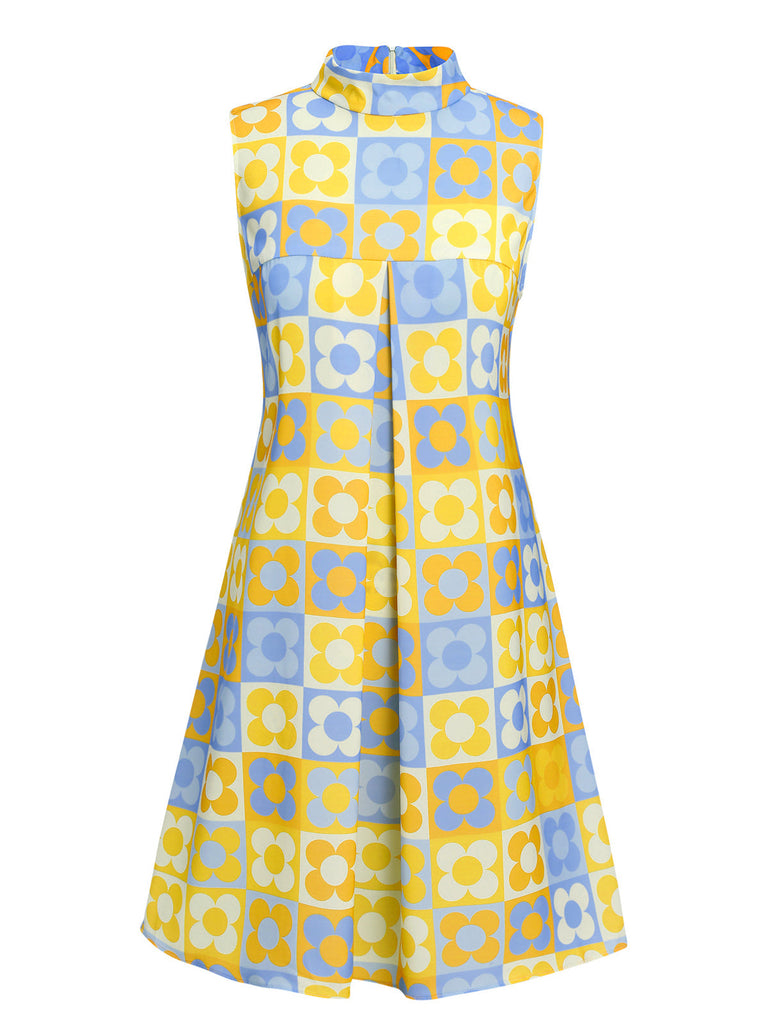 [Vorverkauf] Orange & Blau 1960er Blume Stehkragen Kleid