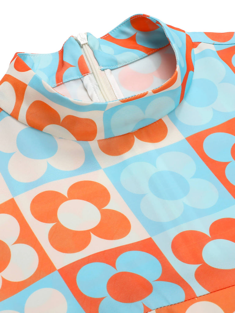 Blau 1960er Blume Stehkragen Kleid