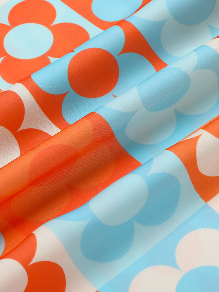 Blau 1960er Blume Stehkragen Kleid