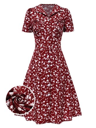 Rot 1950er Revers Knöpfen Blümchen Kleid