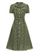 Grün 1940er Revers Blümchen Kleid mit Knöpfen
