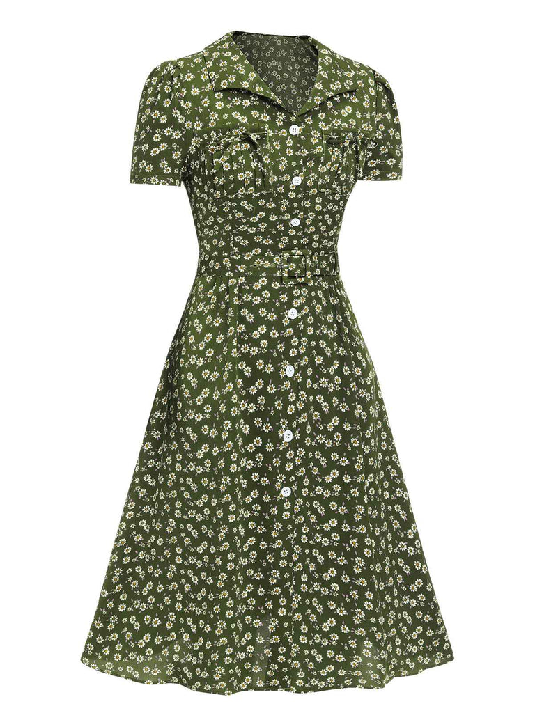 Grün 1940er Revers Blümchen Kleid mit Knöpfen