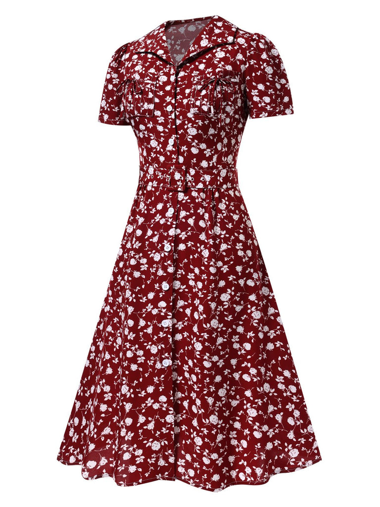 Rot 1950er Revers Knöpfen Blümchen Kleid