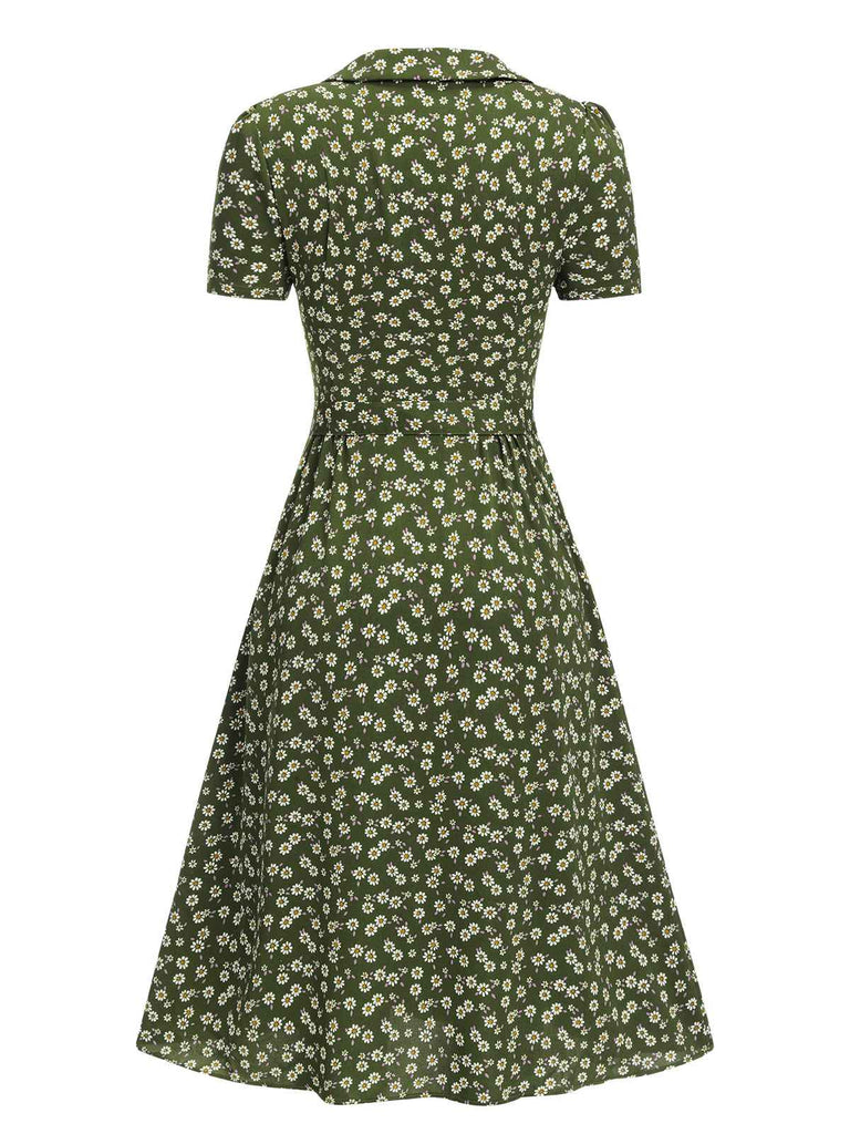 Grün 1940er Revers Blümchen Kleid mit Knöpfen