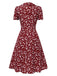 Rot 1950er Revers Knöpfen Blümchen Kleid