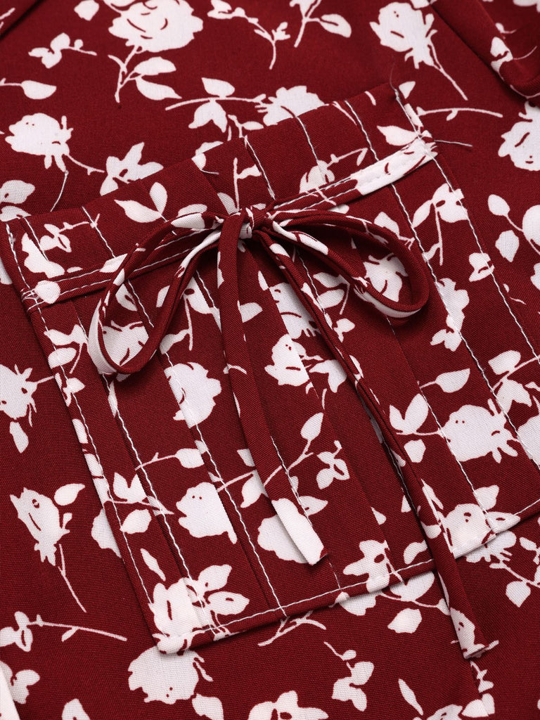 Rot 1950er Revers Knöpfen Blümchen Kleid