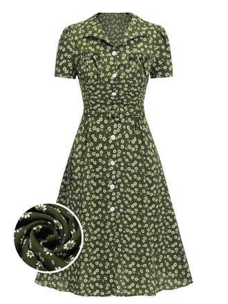 Grün 1940er Revers Blümchen Kleid mit Knöpfen