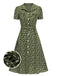 Grün 1940er Revers Blümchen Kleid mit Knöpfen