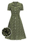 Grün 1940er Revers Blümchen Kleid mit Knöpfen