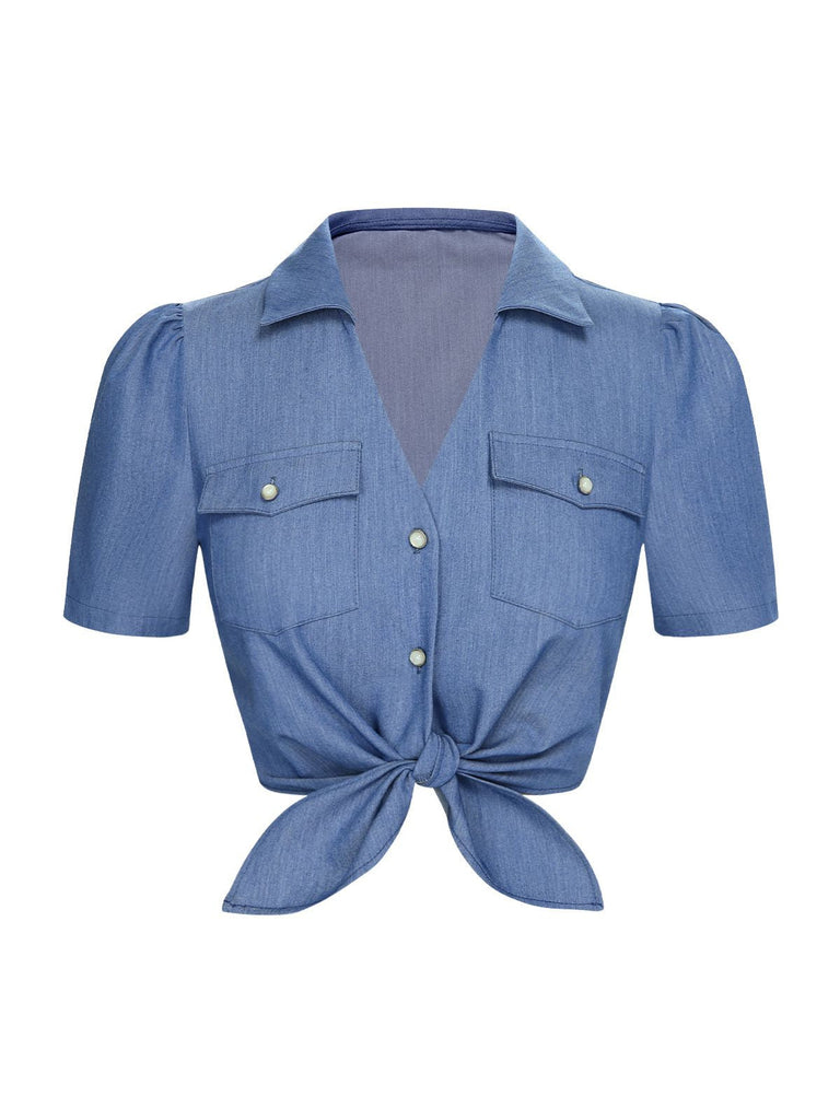 Blau 1950er Solide Reversbluse mit Taillenschnürung