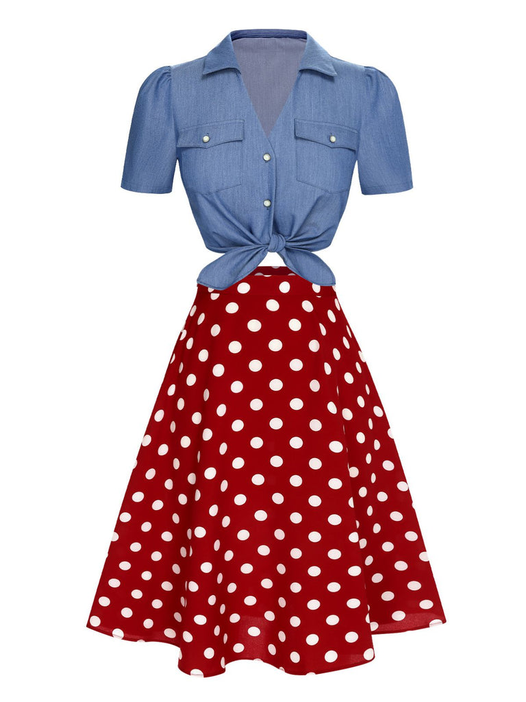 2PCS 1950er Solide Bluse & Polka Dots Rock