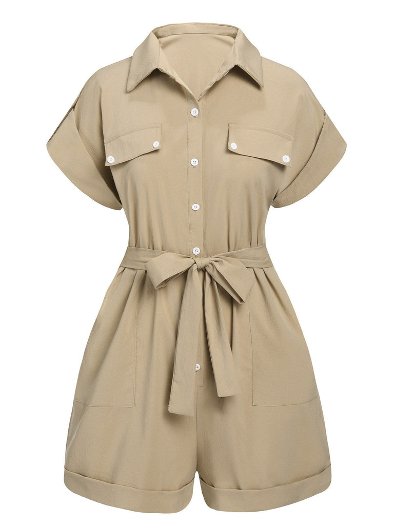 Khaki 1950er Gerollte Manschetten Revers Romper