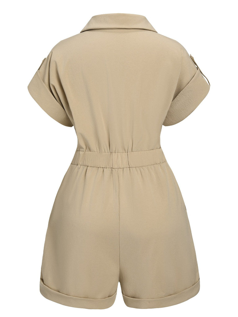Khaki 1950er Gerollte Manschetten Revers Romper