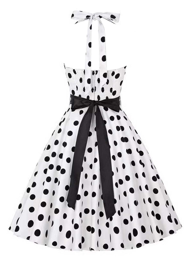 [Vorverkauf] 1950er Halter Kontrast Polka Dots Kleid mit Gürtel