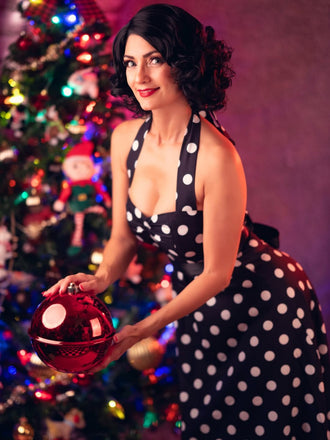 Schwarz 1950er Halter Kontrast Tupfen Gürtel Kleid