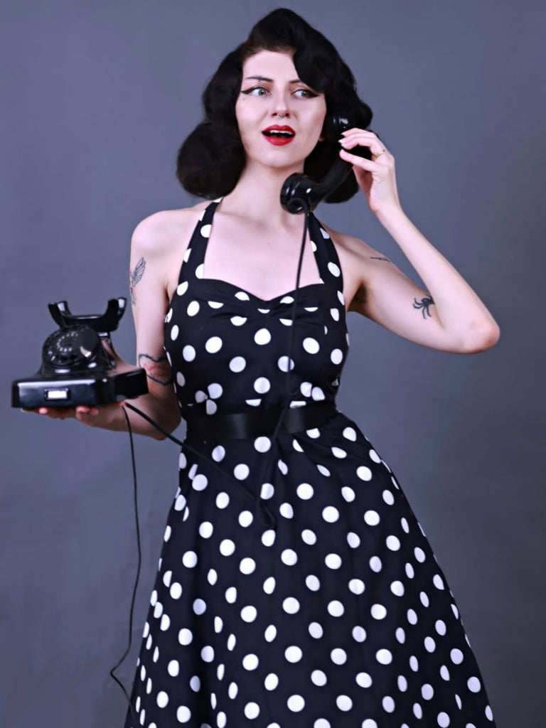 Schwarz 1950er Halter Kontrast Tupfen Gürtel Kleid