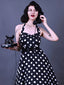 Schwarz 1950er Halter Kontrast Tupfen Gürtel Kleid