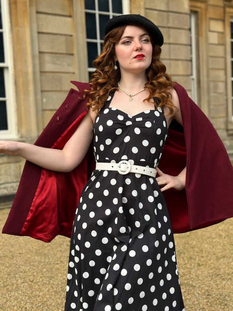 Schwarz 1950er Halter Kontrast Tupfen Gürtel Kleid