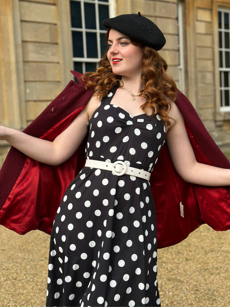 Schwarz 1950er Halter Kontrast Tupfen Gürtel Kleid