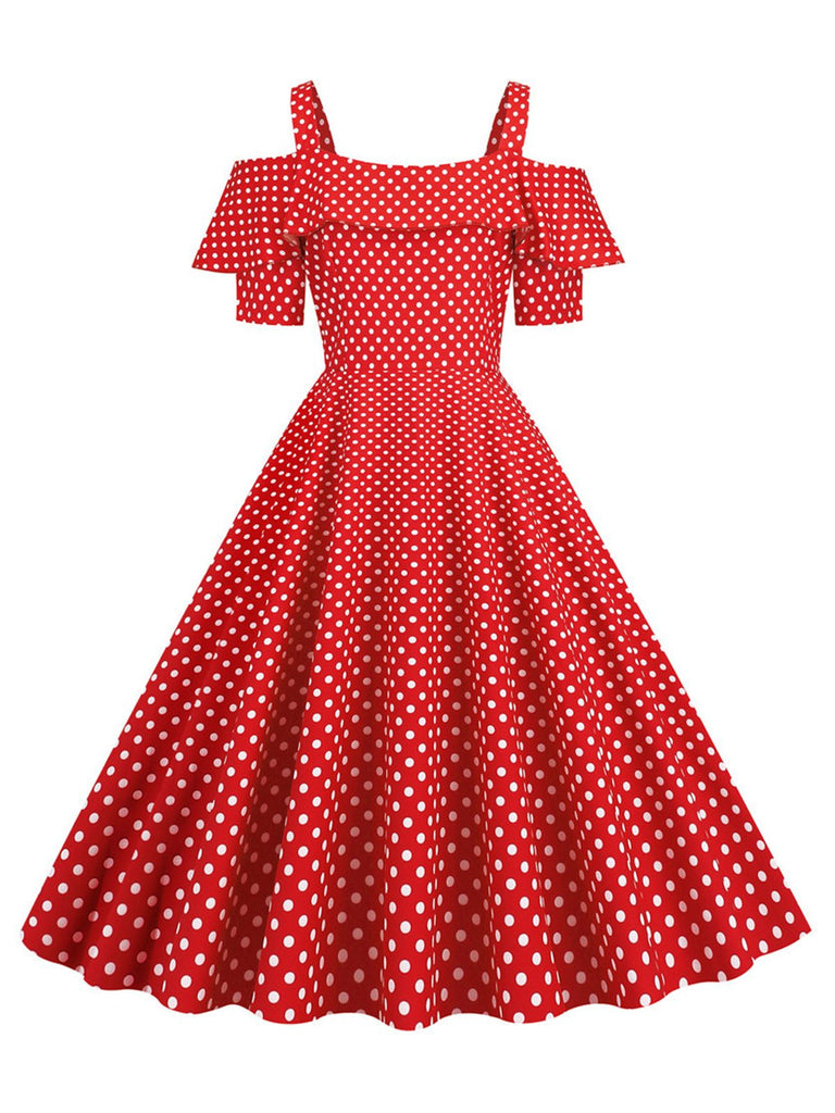 1950er Schulterfreies Polka Dots Kleid