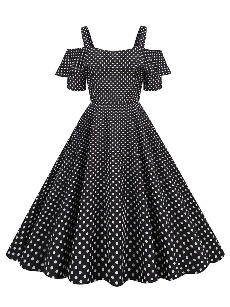 1950er Schulterfreies Polka Dots Kleid