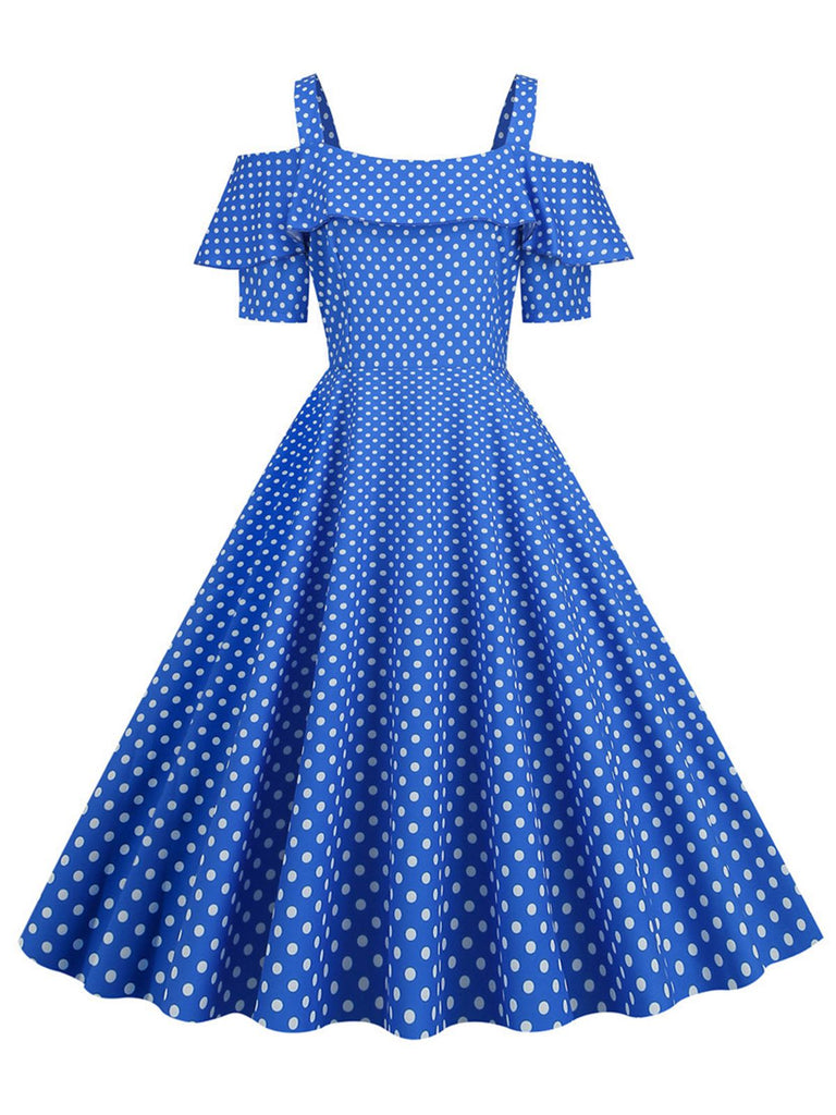 1950er Schulterfreies Polka Dots Kleid