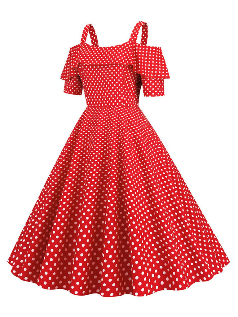 1950er Schulterfreies Polka Dots Kleid