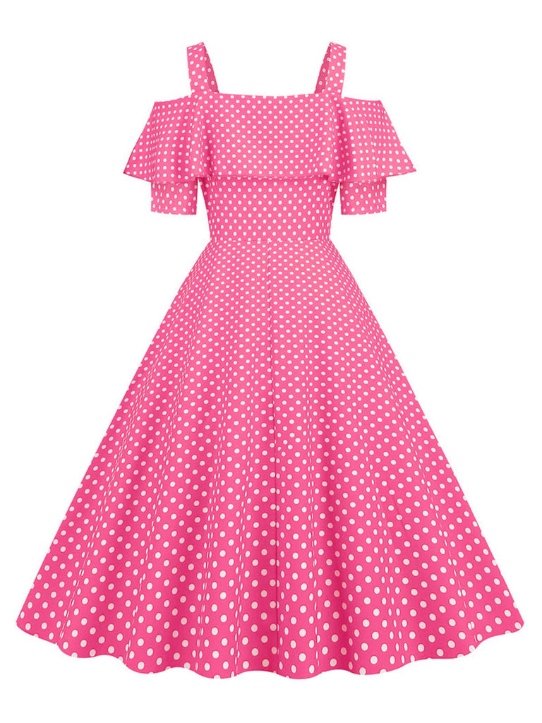1950er Schulterfreies Polka Dots Kleid