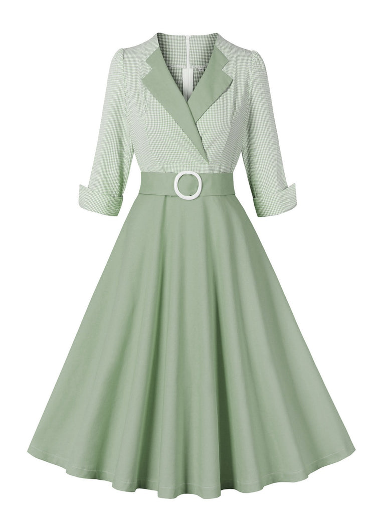 Erbsengrün Grau 1950er Plaid Aufrollen Kleid mit Gürtel