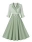 Erbsengrün Grau 1950er Plaid Aufrollen Kleid mit Gürtel