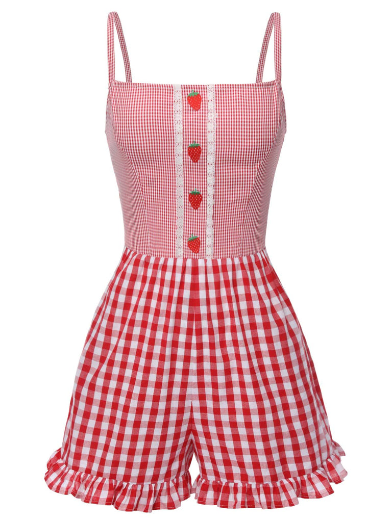 Rot 1950er Erdbeere Plaid Spaghetti Träger Romper