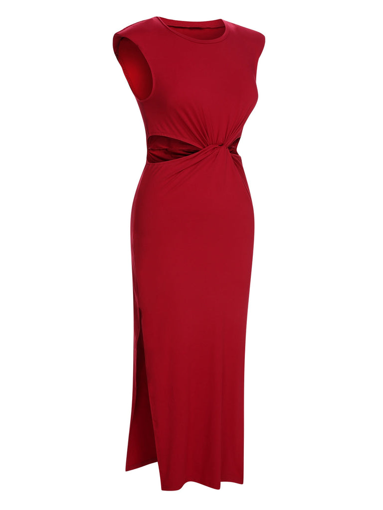 Red 1960er Solid Cutout Twist Slit Kleid