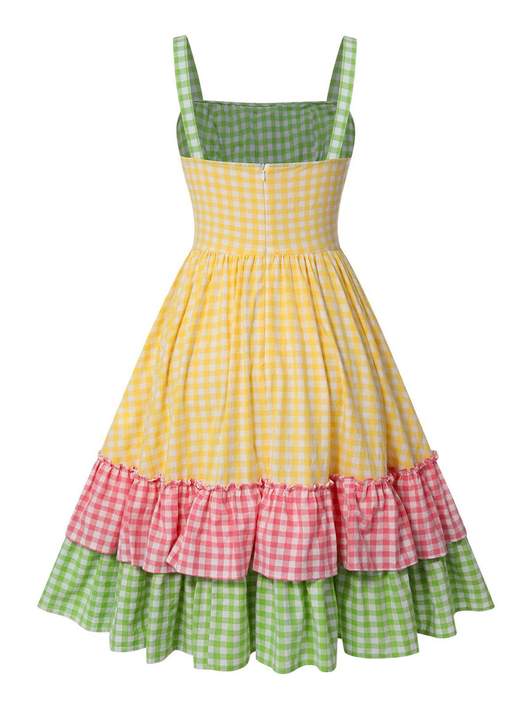[Vorverkauf] Multicolor 1950er Baumwolle Breit-Träger Plaid Patchwork Kleid