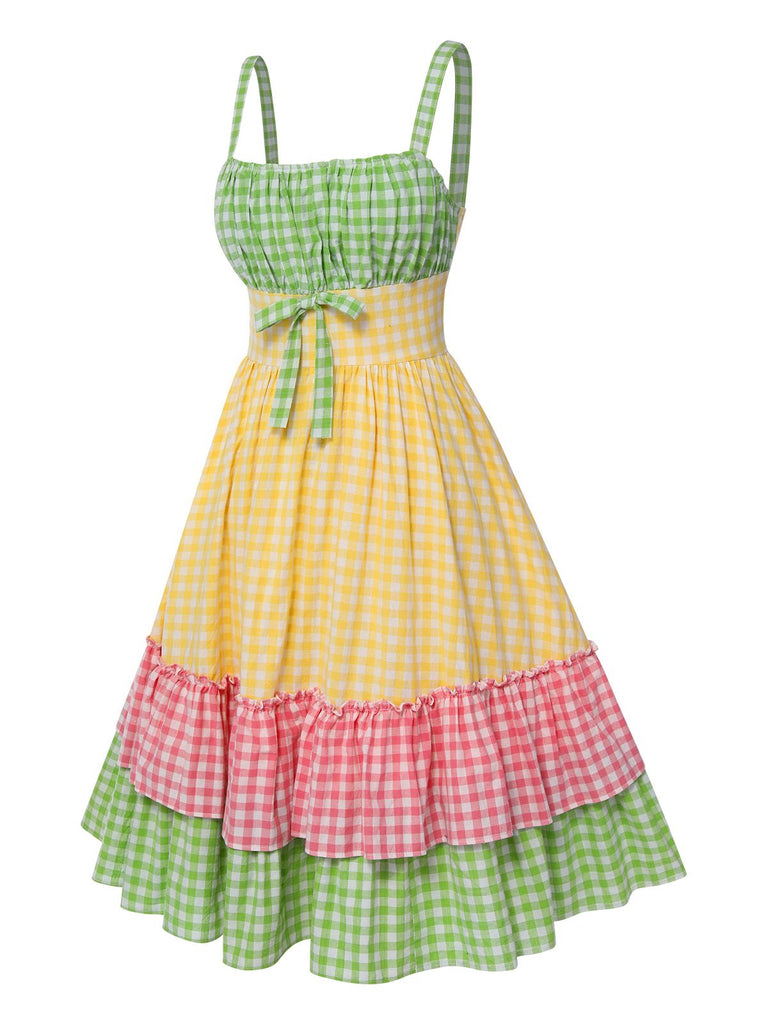 [Vorverkauf] Multicolor 1950er Baumwolle Breit-Träger Plaid Patchwork Kleid