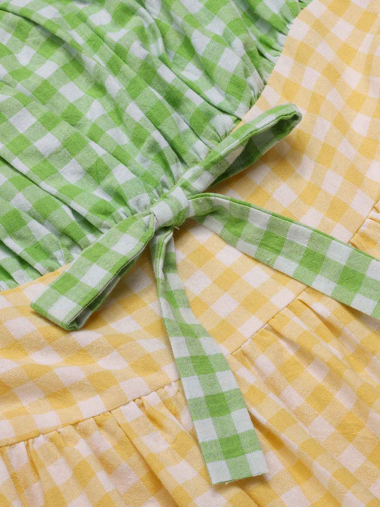 [Vorverkauf] Multicolor 1950er Baumwolle Breit-Träger Plaid Patchwork Kleid