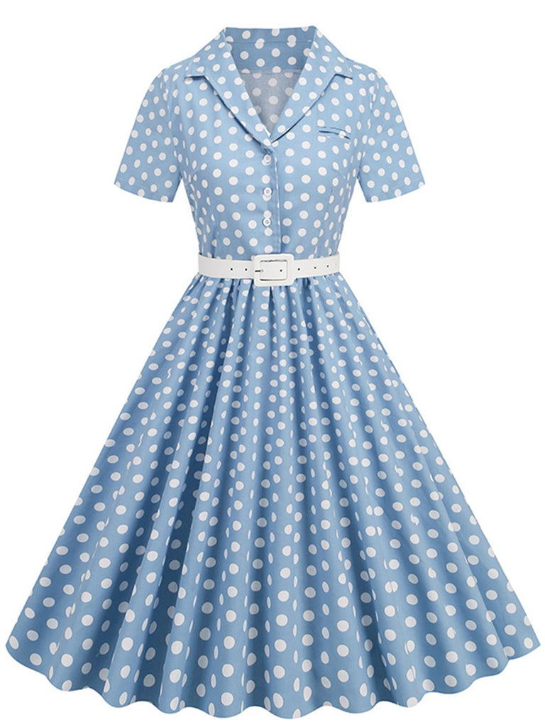 [Vorverkauf] 1950er Polka Dots Revers Swing Kleid mit Gürtel