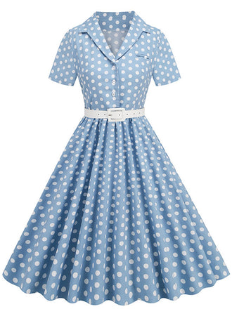 1950er Polka Dots Revers Swing Kleid mit Gürtel