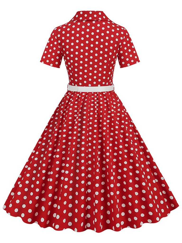 [Vorverkauf] 1950er Polka Dots Revers Swing Kleid mit Gürtel