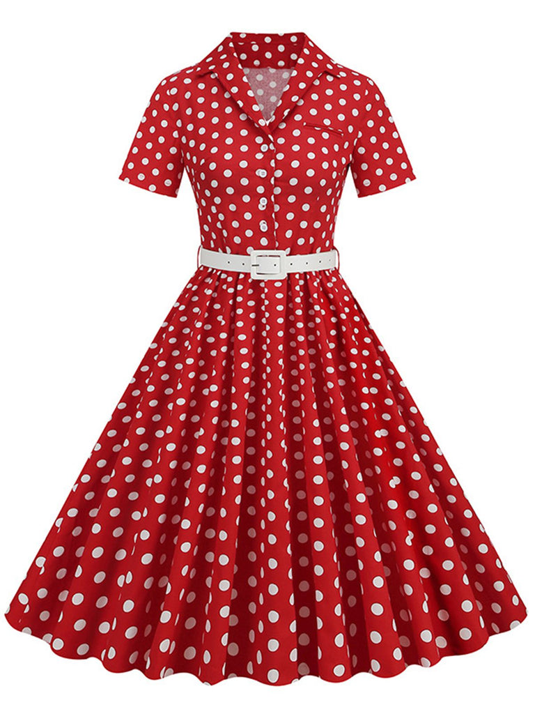 [Vorverkauf] 1950er Polka Dots Revers Swing Kleid mit Gürtel