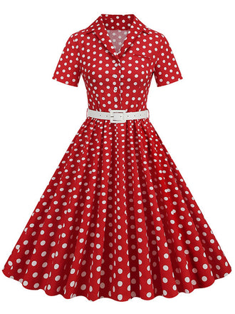 [Vorverkauf] Rot 1950er Polka Dots Revers Gürtel Swing Kleid mit Zubehör-Set