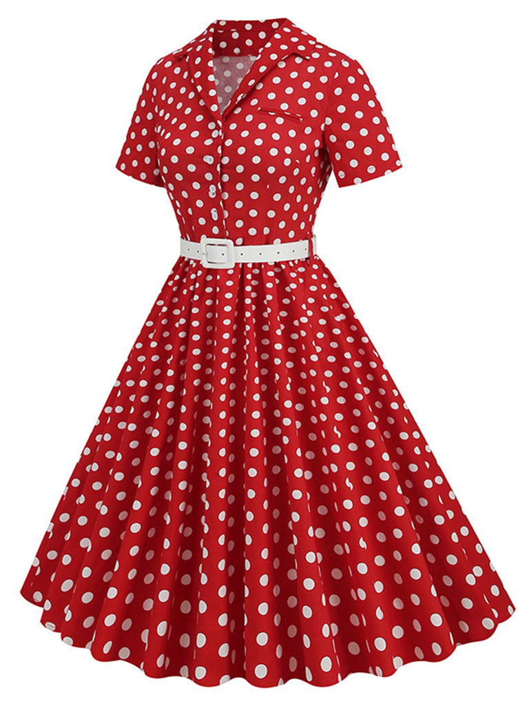 [Vorverkauf] 1950er Polka Dots Revers Swing Kleid mit Gürtel