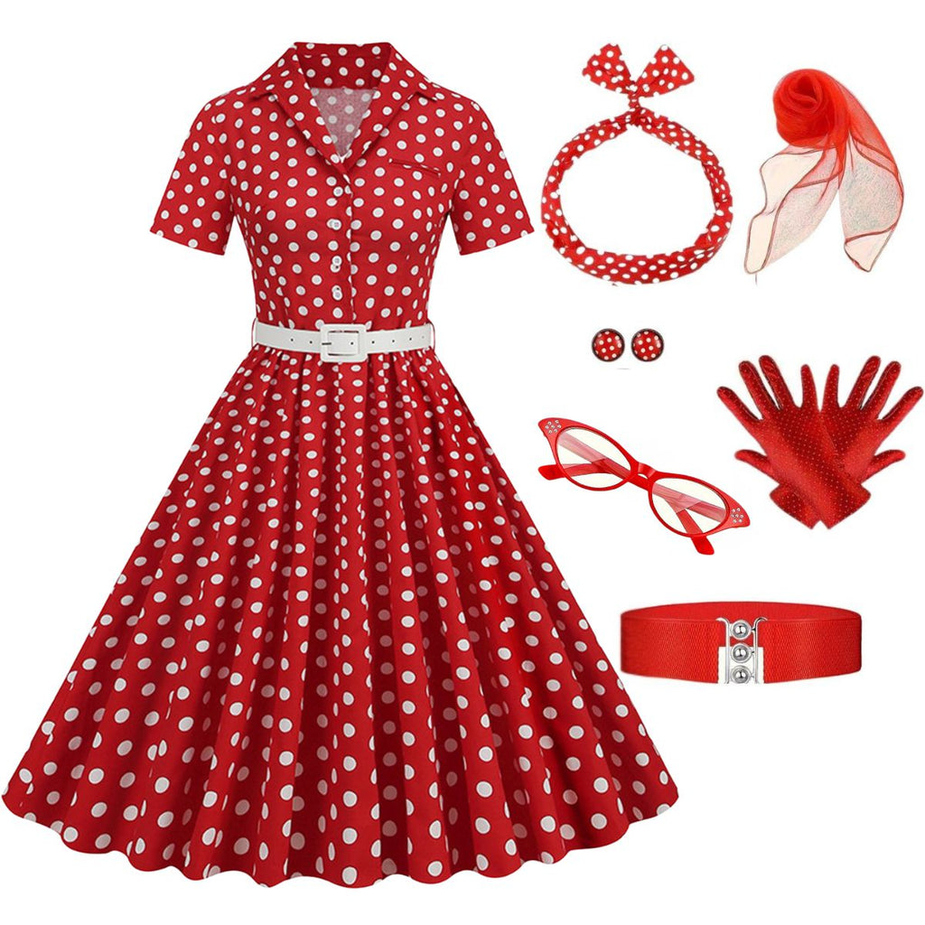 [Vorverkauf] Rot 1950er Polka Dots Revers Gürtel Swing Kleid mit Zubehör-Set
