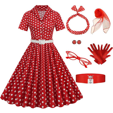 [Vorverkauf] Rot 1950er Polka Dots Revers Gürtel Swing Kleid mit Zubehör-Set