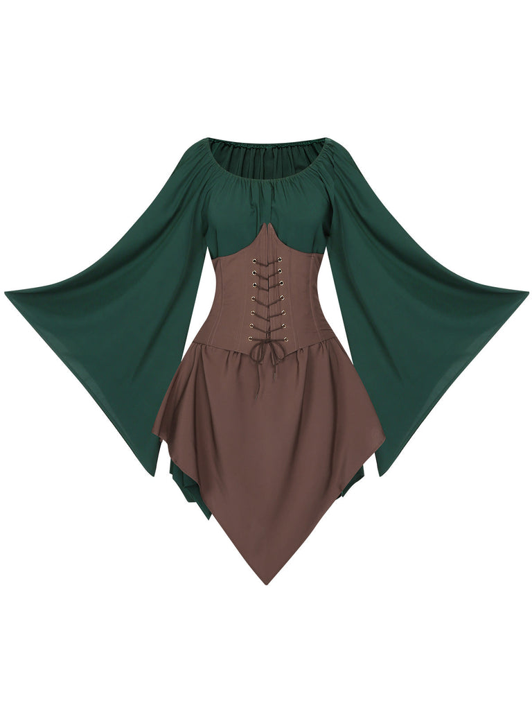 Braun 1950er Halloween Hexen Vampir Fledermausärmel Patchwork Kleid