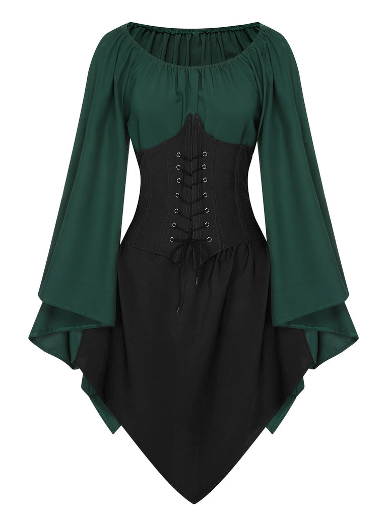 Braun 1950er Halloween Hexen Vampir Fledermausärmel Patchwork Kleid