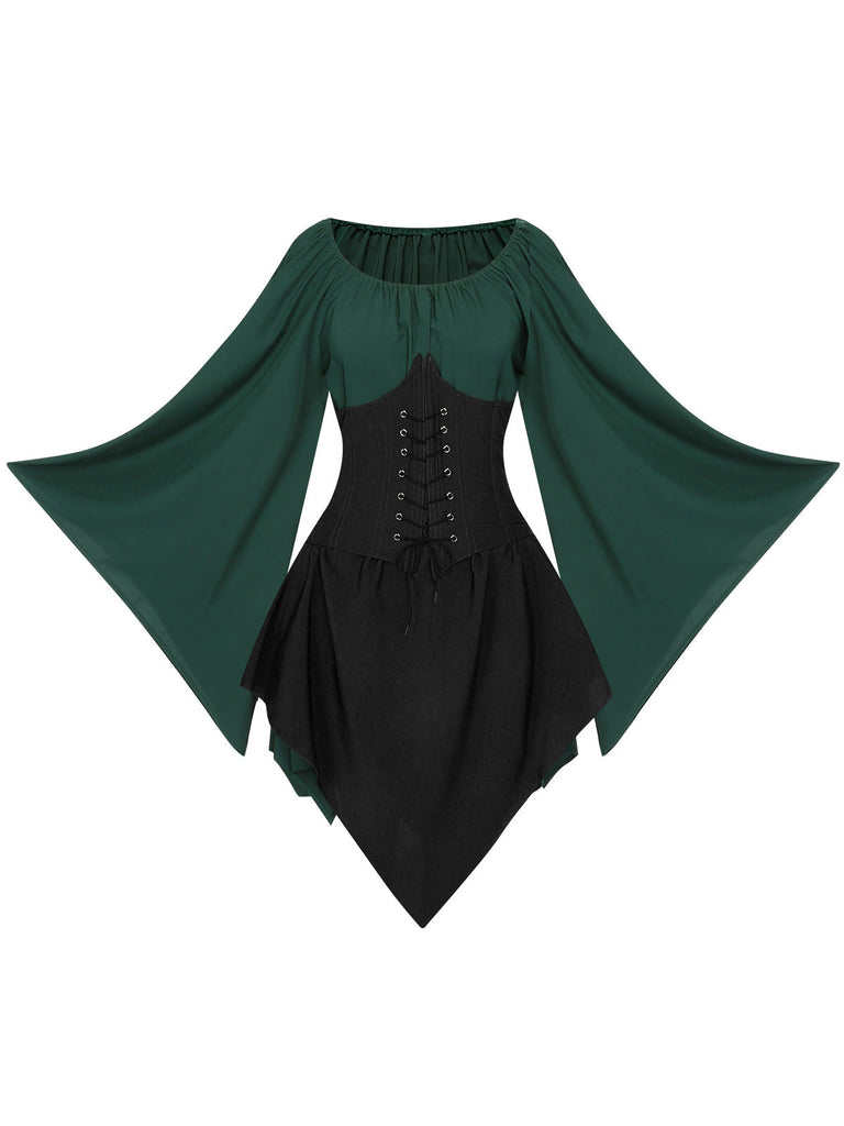 Braun 1950er Halloween Hexen Vampir Fledermausärmel Patchwork Kleid