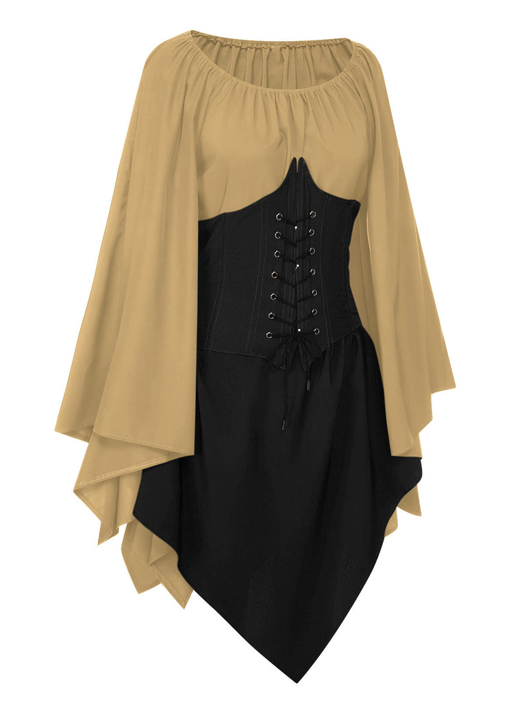 Braun 1950er Halloween Hexen Vampir Fledermausärmel Patchwork Kleid