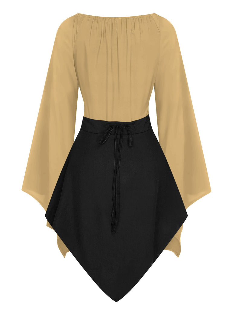 Braun 1950er Halloween Hexen Vampir Fledermausärmel Patchwork Kleid