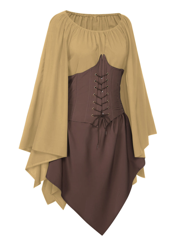 Braun 1950er Halloween Hexen Vampir Fledermausärmel Patchwork Kleid