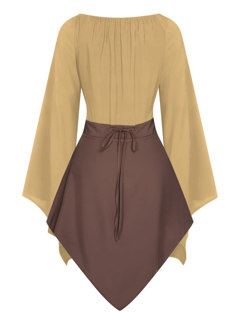 Braun 1950er Halloween Hexen Vampir Fledermausärmel Patchwork Kleid